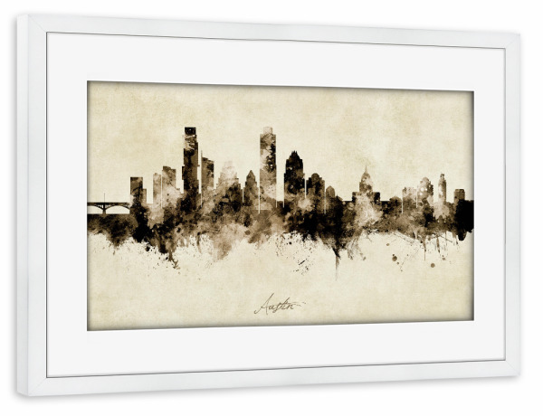 Poster mit Rahmen weiß "Austin Texas Skyline Sepia" artboxONE - Städte - Austin,Texas,Skyline,Cityscape,Stadtbild,Watercolor,Painting