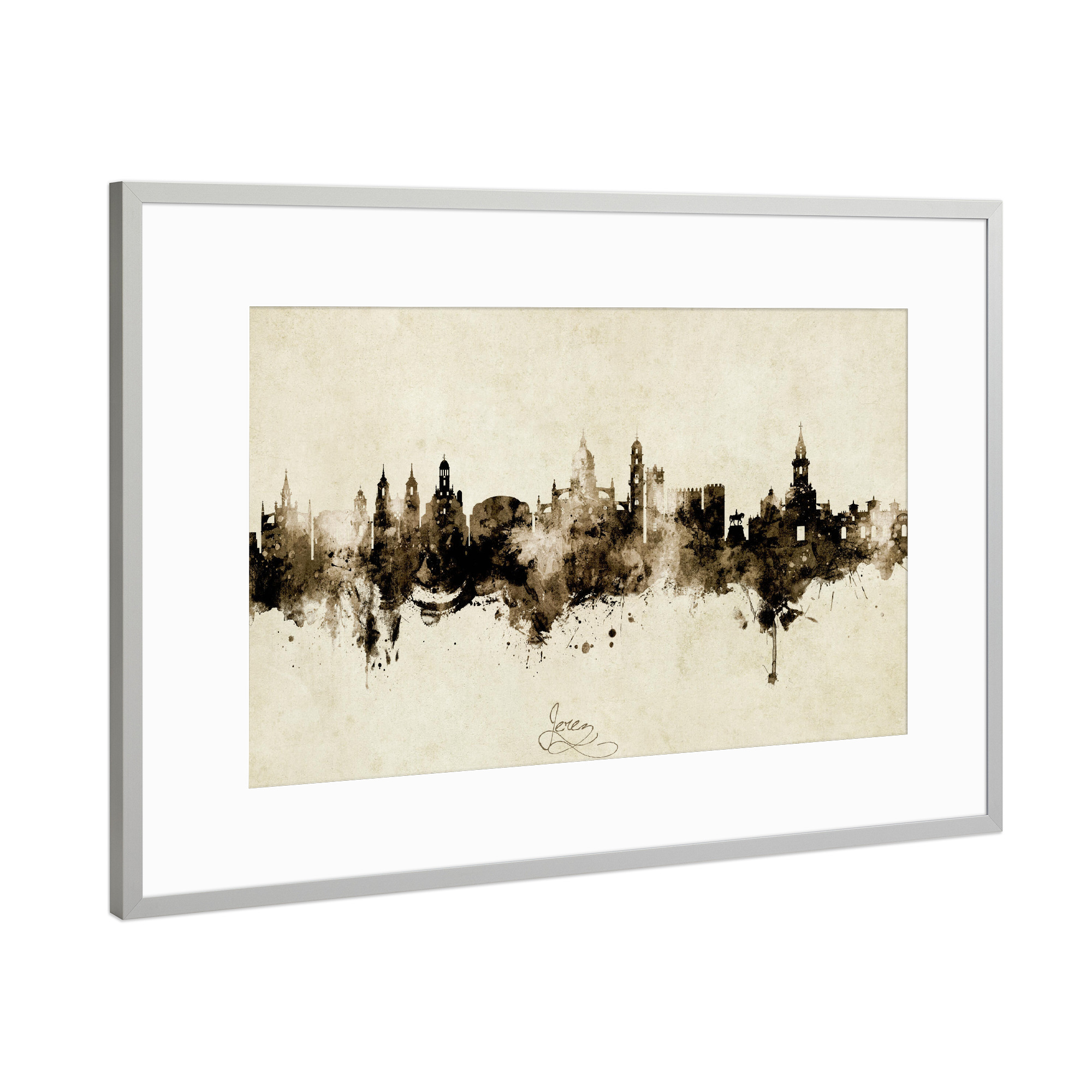 Poster mit Rahmen Silber "Jerez Spain Skyline Sepia" artboxONE - Städte - Jerez,Spain,Skyline,Cityscape,Stadtbild,Watercolor,Painting