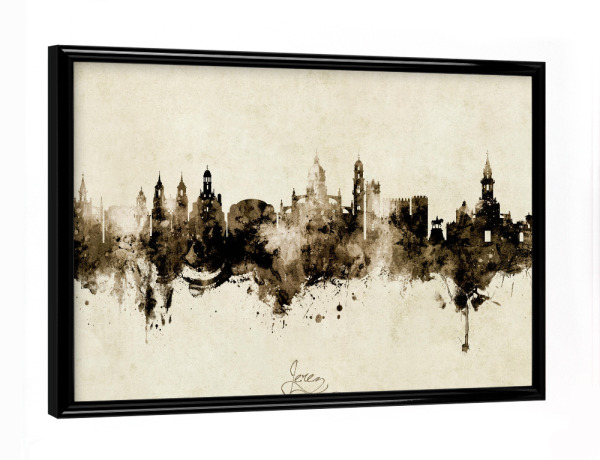 Poster mit schwarzem Rahmen "Jerez Spain Skyline Sepia" artboxONE - Städte - Jerez,Spain,Skyline,Cityscape,Stadtbild,Watercolor,Painting