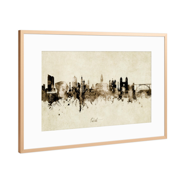 Poster mit Rahmen Kupfer "Porto Portugal Skyline Sepia" artboxONE - Städte - Porto,Portugal,Skyline,Cityscape,Stadtbild,Watercolor,Painting