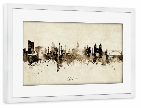 Poster mit Rahmen weiß "Porto Portugal Skyline Sepia" artboxONE - Städte - Porto,Portugal,Skyline,Cityscape,Stadtbild,Watercolor,Painting