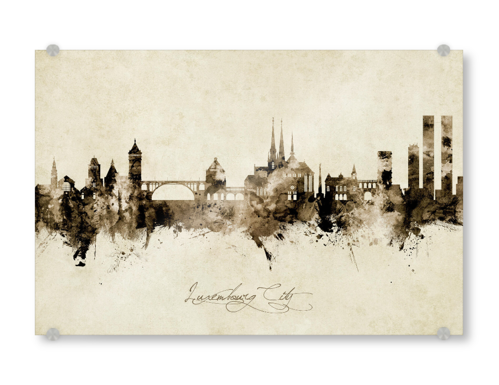 Acrylglasbild "Luxembourg City Skyline Sepia" artboxONE - Städte - Luxembourg city,Luxembourg,Skyline,Cityscape,Stadtbild,Watercolor,Painting