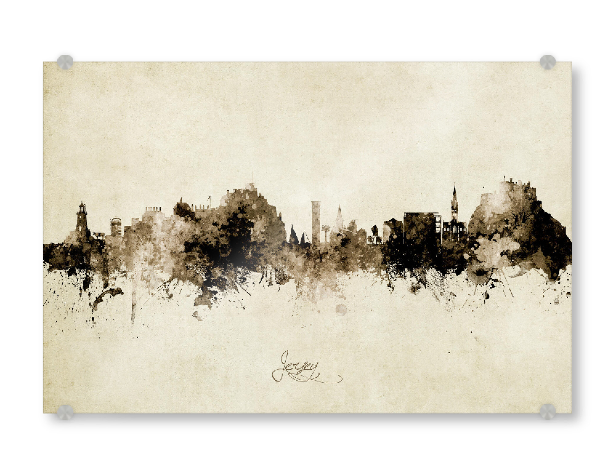 Acrylglasbild "Jersey Skyline Sepia" artboxONE - Städte - Jersey,Channel islands,Skyline,Cityscape,Stadtbild,Watercolor,Painting