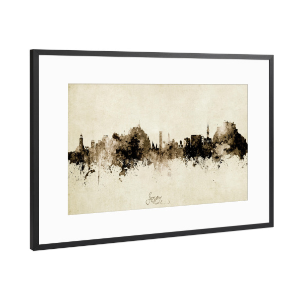 Poster mit Rahmen Schwarz (Metallic) "Jersey Skyline Sepia" artboxONE - Städte