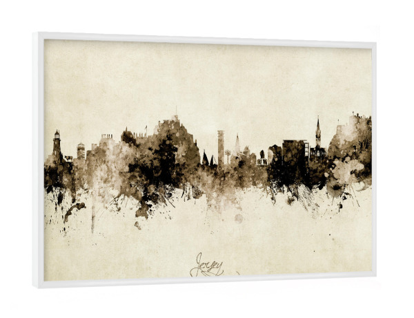 Poster mit weißem Rahmen "Jersey Skyline Sepia" artboxONE - Städte - Jersey,Channel islands,Skyline,Cityscape,Stadtbild,Watercolor,Painting