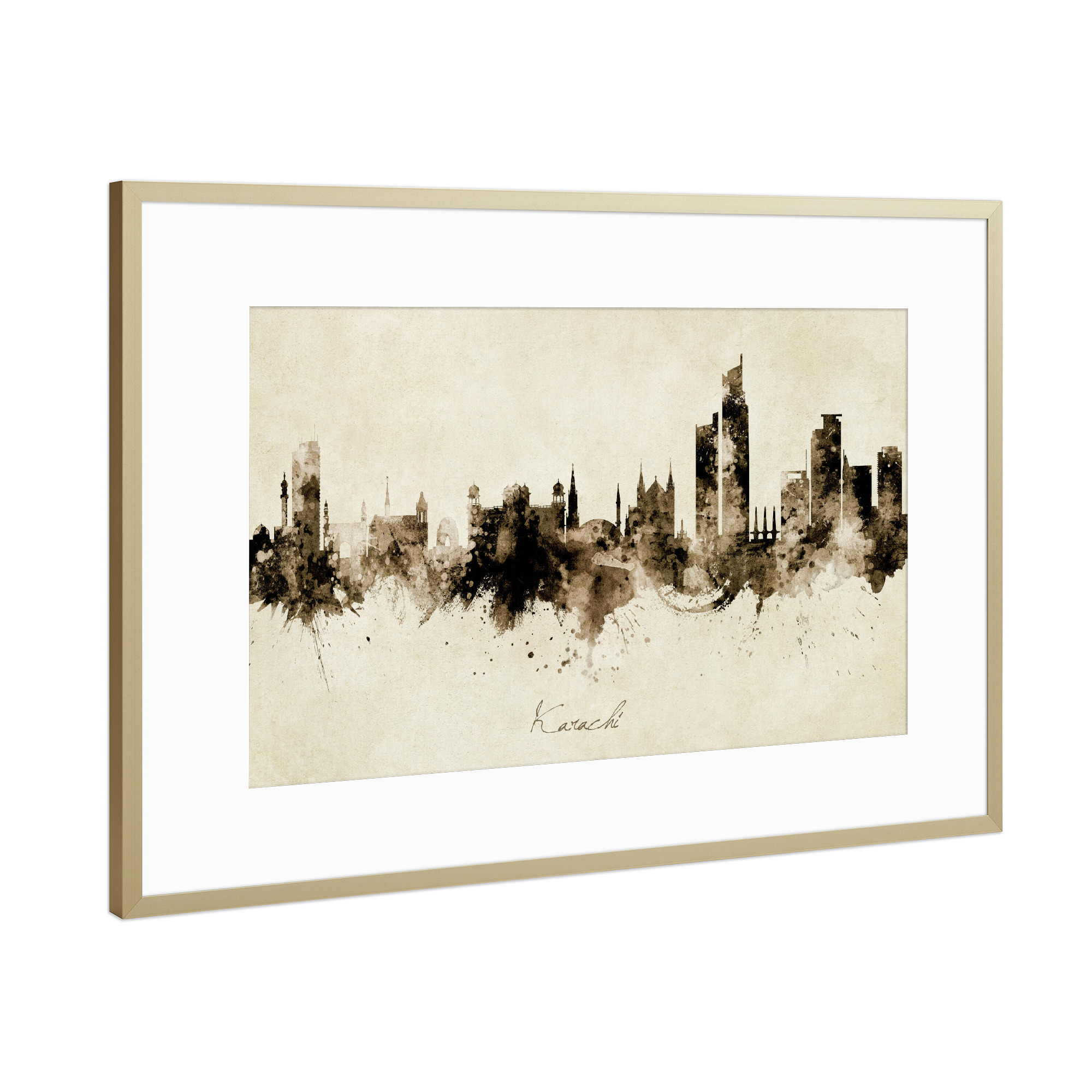 Poster mit Rahmen Gold "Karachi Pakistan Skyline Sepia" artboxONE - Städte - Karachi,Pakistan,Skyline,Cityscape,Stadtbild,Watercolor,Painting