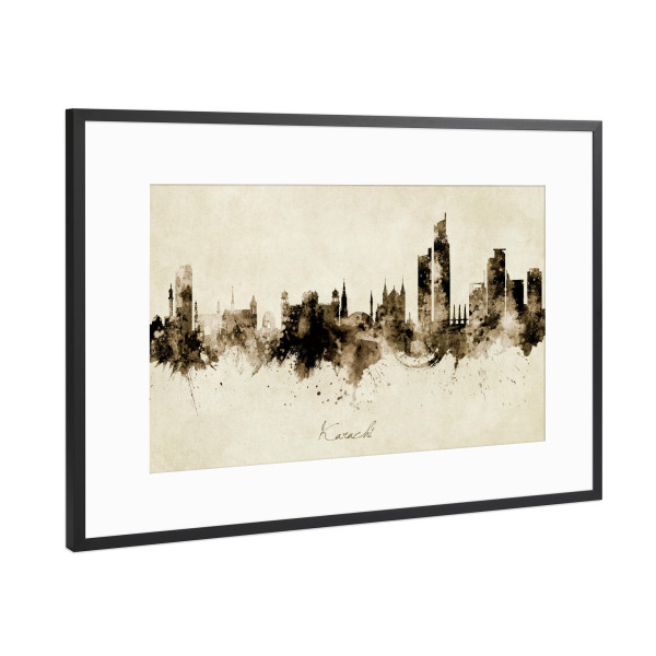 Poster mit Rahmen Schwarz (Metallic) "Karachi Pakistan Skyline Sepia" artboxONE - Städte