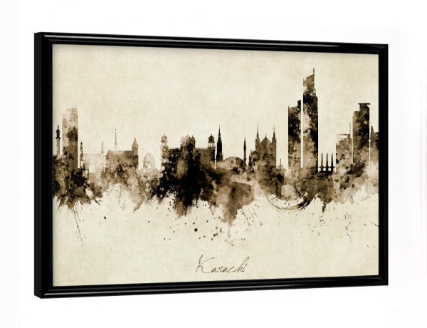 Poster mit schwarzem Rahmen "Karachi Pakistan Skyline Sepia" artboxONE - Städte - Karachi,Pakistan,Skyline,Cityscape,Stadtbild,Watercolor,Painting