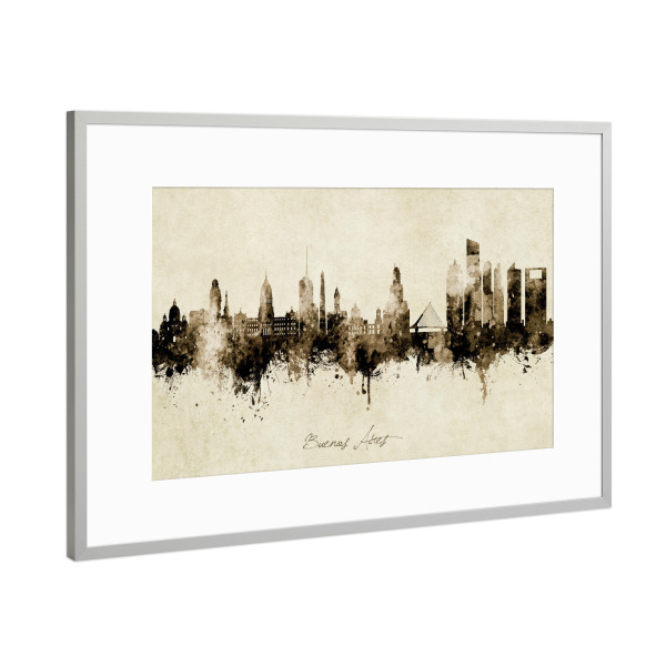 Poster mit Rahmen Silber "Buenos Aires Skyline Sepia" artboxONE - Städte - Buenos aires,Argentina,Skyline,Cityscape,Stadtbild,Watercolor,Painting