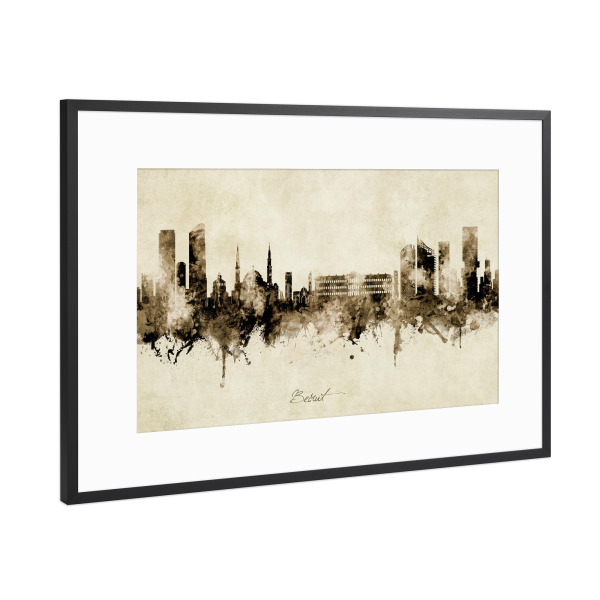 Poster mit Rahmen Schwarz (Metallic) "Beirut Lebanon Skyline Sepia" artboxONE - Städte