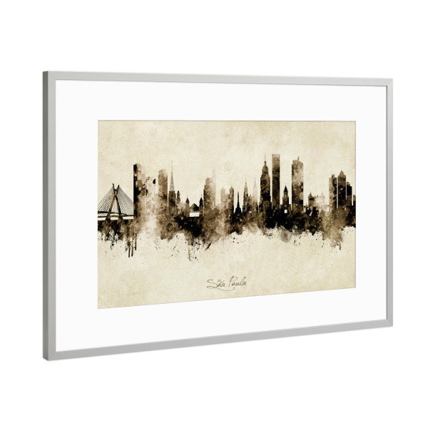 Poster mit Rahmen Silber "São Paulo Skyline Brazil Sepia" artboxONE - Städte - São paulo,Brazil,Skyline,Cityscape,Stadtbild,Watercolor,Painting