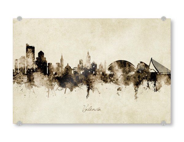 Acrylglasbild "Valencia Spain Skyline Sepia" artboxONE - Städte - Valencia,Spain,Skyline,Cityscape,Stadtbild,Watercolor,Painting