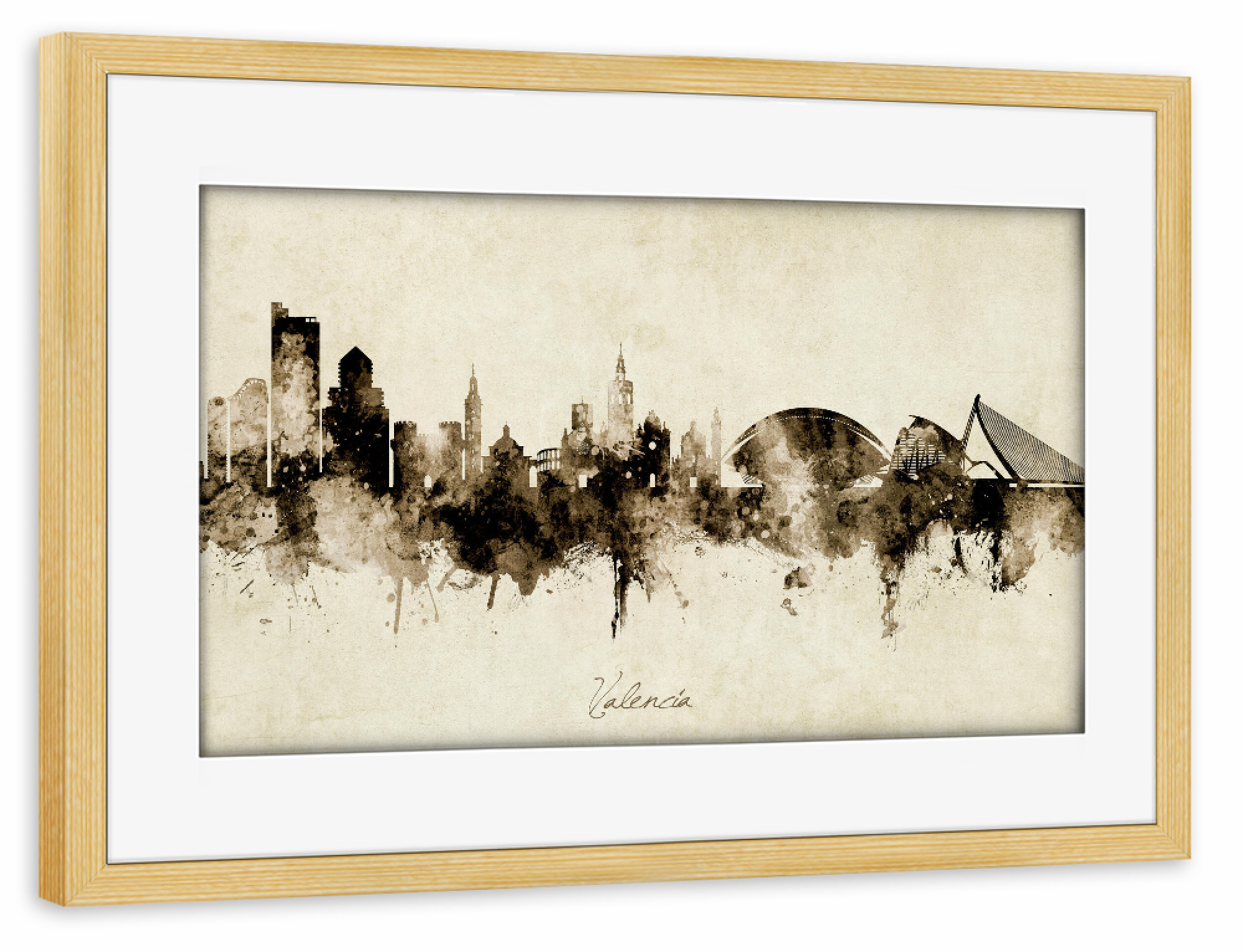 Poster mit Rahmen kiefer "Valencia Spain Skyline Sepia" artboxONE - Städte - Valencia,Spain,Skyline,Cityscape,Stadtbild,Watercolor,Painting