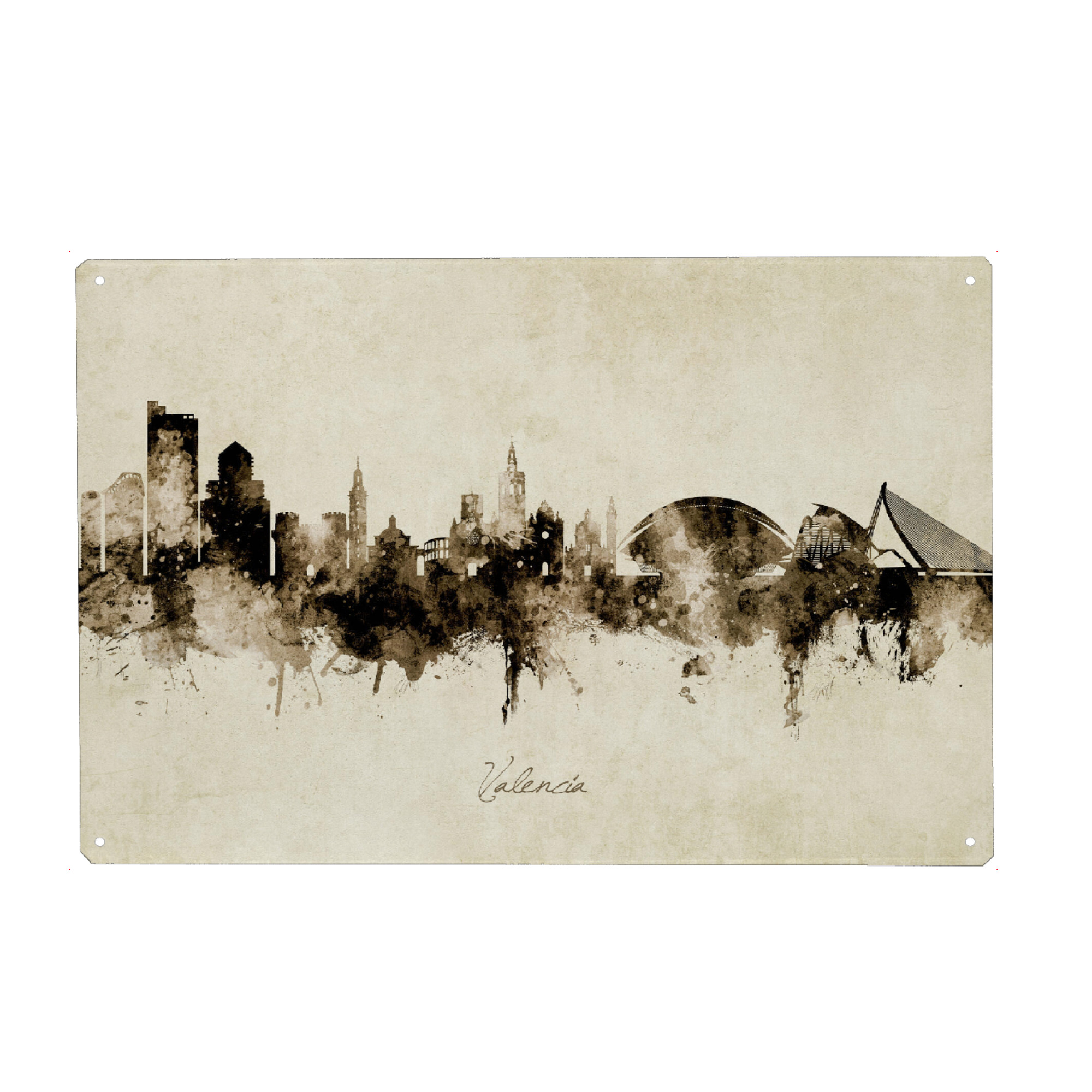 Metall Poster "Valencia Spain Skyline Sepia" artboxONE - Städte - Valencia,Spain,Skyline,Cityscape,Stadtbild,Watercolor,Painting - Blechschild