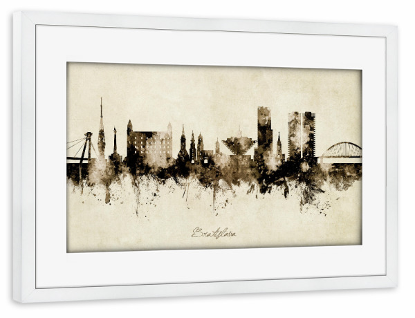 Poster mit Rahmen weiß "Bratislava Slovakia Skyline Sepia" artboxONE - Städte - Bratislava,Slovakia,Skyline,Cityscape,Stadtbild,Watercolor,Painting