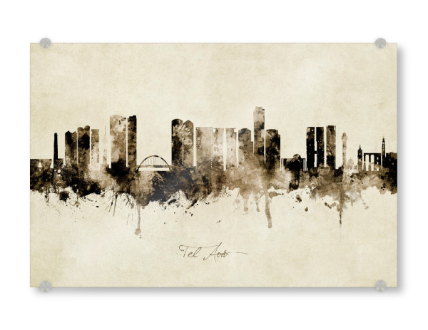 Acrylglasbild "Tel Aviv Israel Skyline Sepia" artboxONE - Städte - Tel aviv,Israel,Skyline,Cityscape,Stadtbild,Watercolor,Painting