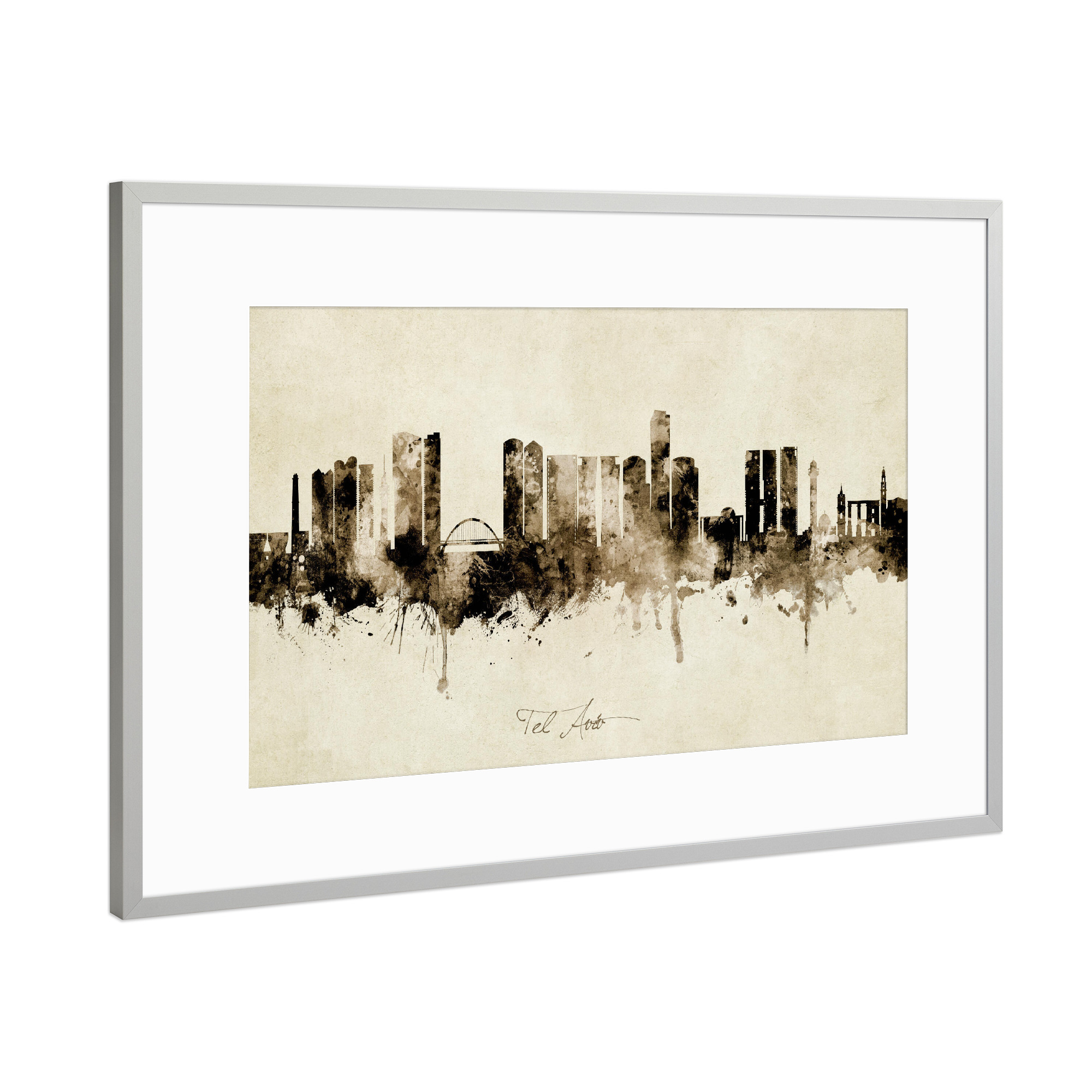 Poster mit Rahmen Silber "Tel Aviv Israel Skyline Sepia" artboxONE - Städte - Tel aviv,Israel,Skyline,Cityscape,Stadtbild,Watercolor,Painting