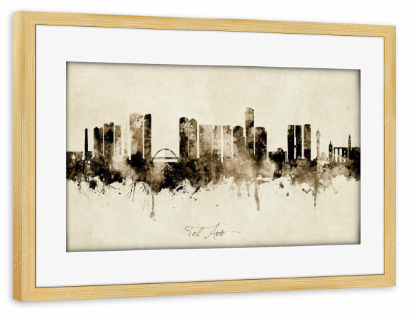 Poster mit Rahmen kiefer "Tel Aviv Israel Skyline Sepia" artboxONE - Städte - Tel aviv,Israel,Skyline,Cityscape,Stadtbild,Watercolor,Painting