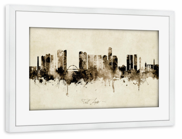 Poster mit Rahmen weiß "Tel Aviv Israel Skyline Sepia" artboxONE - Städte - Tel aviv,Israel,Skyline,Cityscape,Stadtbild,Watercolor,Painting