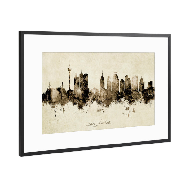 Poster mit Rahmen Schwarz (Metallic) "San Antonio Texas Skyline Sepia" artboxONE - Städte