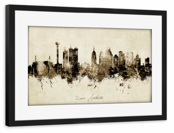 Poster mit Rahmen schwarz "San Antonio Texas Skyline Sepia" artboxONE - Städte - San antonio,Texas,Skyline,Cityscape,Stadtbild,Watercolor,Painting