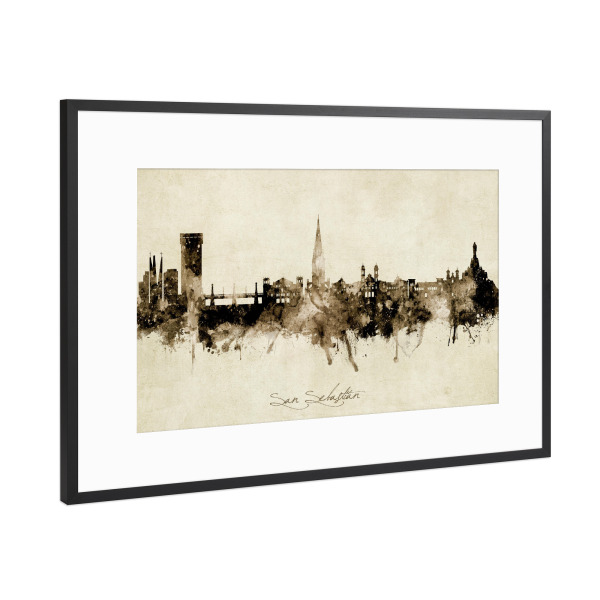 Poster mit Rahmen Schwarz (Metallic) "San Sebastian Spain Skyline Sepia" artboxONE - Städte