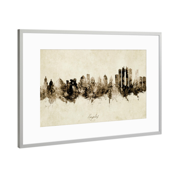 Poster mit Rahmen Silber "Naples Italy Skyline Sepia" artboxONE - Städte - Naples,Italy,Skyline,Cityscape,Stadtbild,Watercolor,Painting