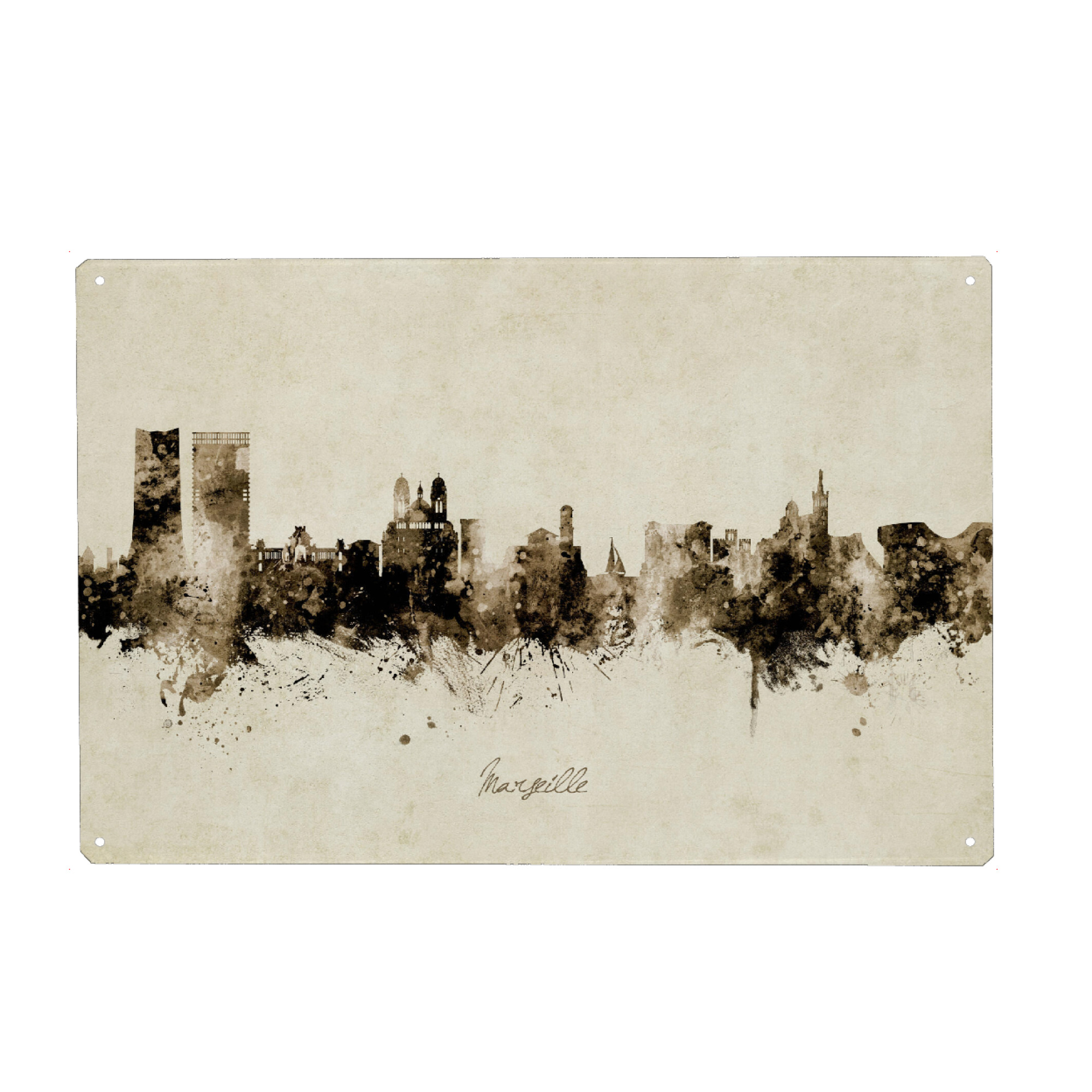 Metall Poster "Marseille France Skyline Sepia" artboxONE - Städte - Marseille,France,Skyline,Cityscape,Stadtbild,Watercolor,Painting - Blechschild