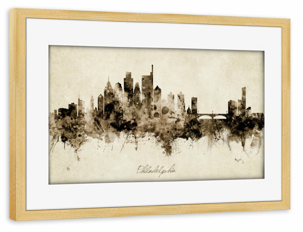 Poster mit Rahmen kiefer "Philadelphia PA Skyline Sepia" artboxONE - Städte
