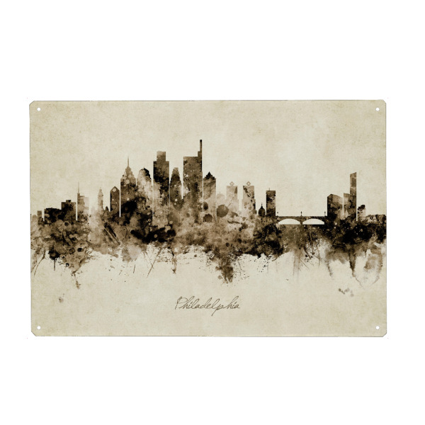 Metall Poster "Philadelphia PA Skyline Sepia" artboxONE - Städte - Philadelphia,Pennsylvania,Skyline,Cityscape,Stadtbild,Watercolor,Painting