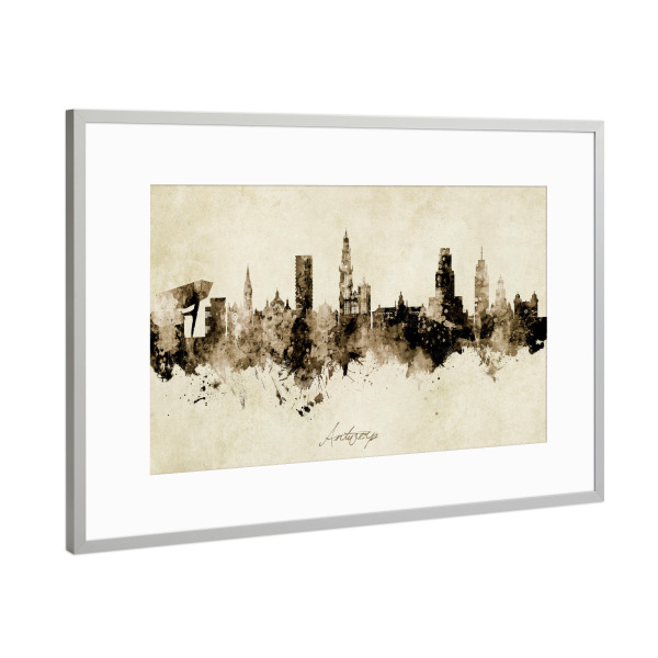 Poster mit Rahmen Silber "Antwerp Belgium Skyline Sepia" artboxONE - Städte - Antwerp,Belgium,Skyline,Cityscape,Stadtbild,Watercolor,Painting
