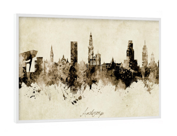 Poster mit weißem Rahmen "Antwerp Belgium Skyline Sepia" artboxONE - Städte - Antwerp,Belgium,Skyline,Cityscape,Stadtbild,Watercolor,Painting