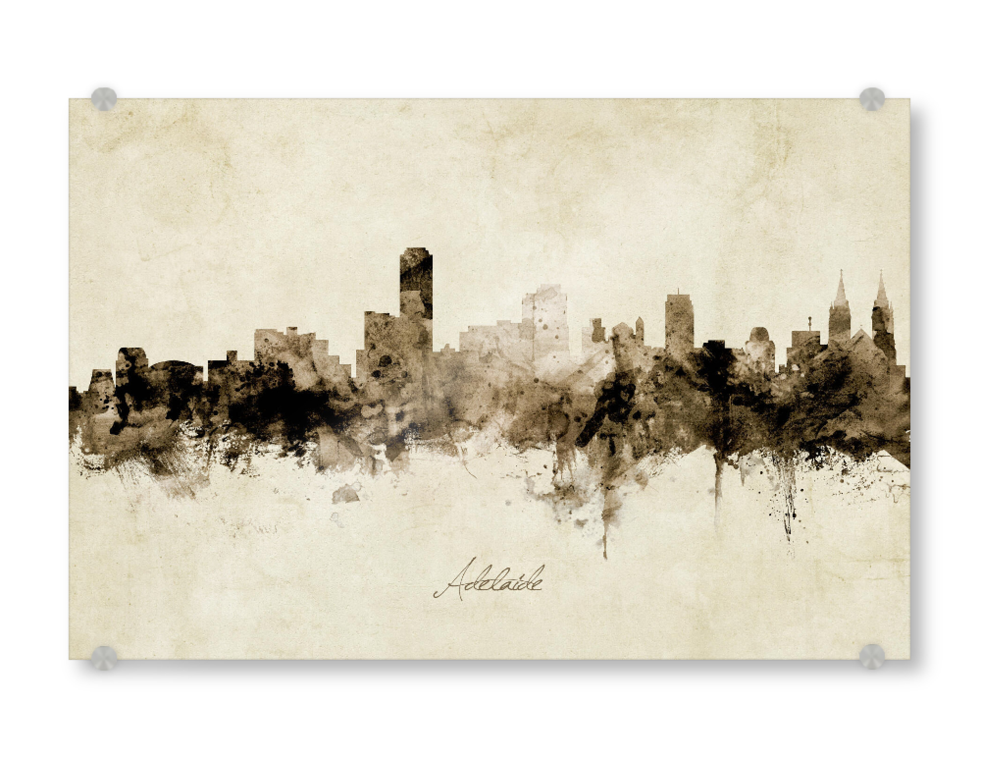 Acrylglasbild "Adelaide Australia Skyline Sepia" artboxONE - Städte - Adelaide,Australia,Skyline,Cityscape,Stadtbild,Watercolor,Painting