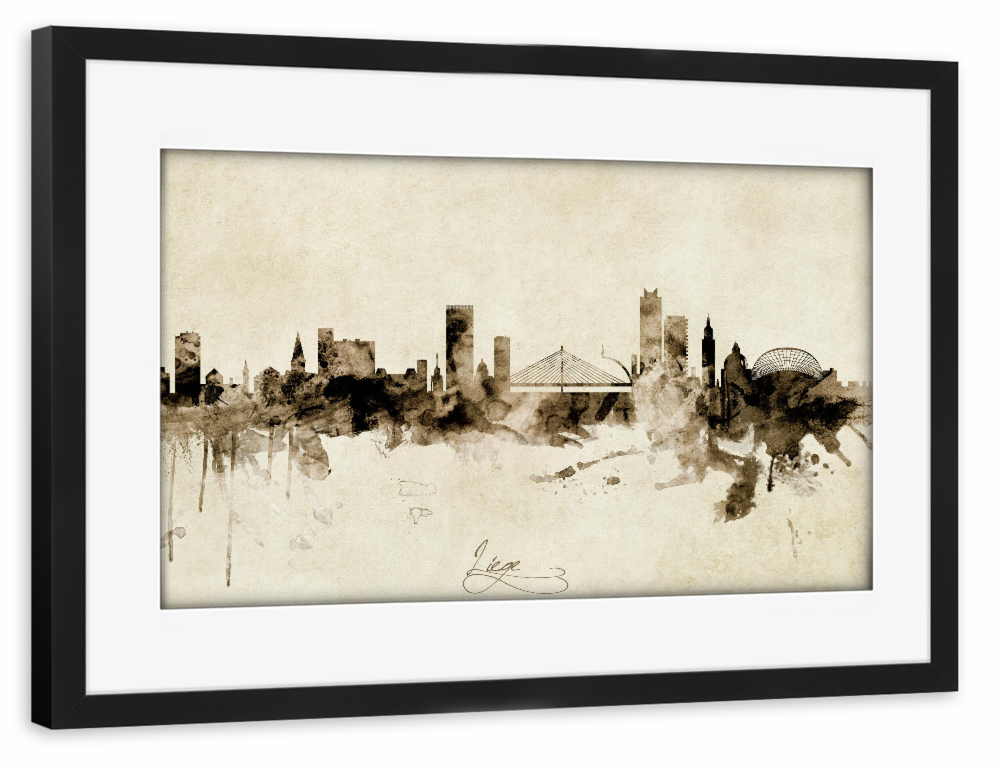 Poster mit Rahmen schwarz "Liege Belgium Skyline Sepia" artboxONE - Städte - Liege,Belgium,Skyline,Cityscape,Stadtbild,Watercolor,Painting