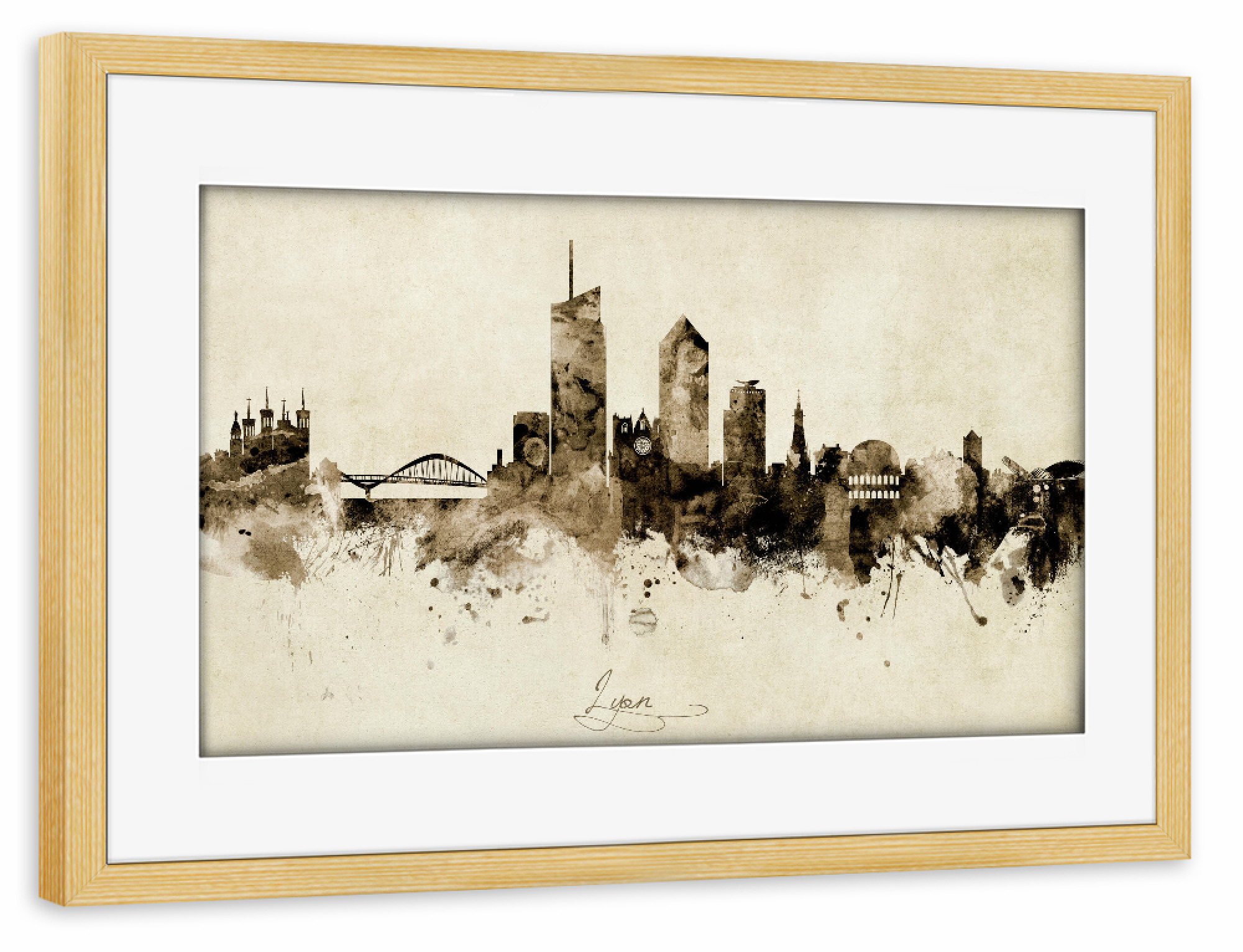 Poster mit Rahmen kiefer "Lyon France Skyline Sepia" artboxONE - Städte - Lyon,France,Skyline,Cityscape,Stadtbild,Watercolor,Painting