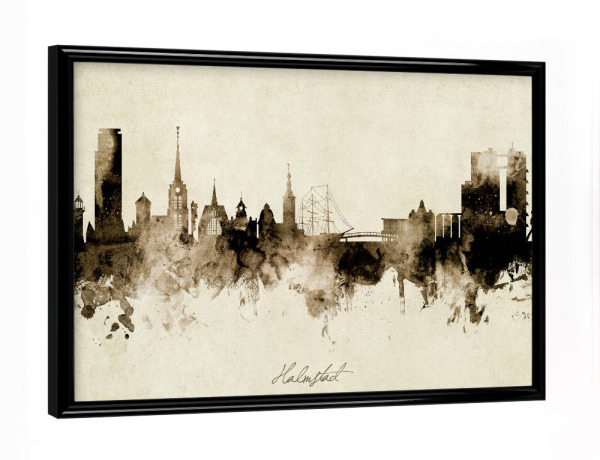 Poster mit schwarzem Rahmen "Halmstad Sweden Skyline Sepia" artboxONE - Städte - Halmstad,Sweden,Skyline,Cityscape,Stadtbild,Watercolor,Painting