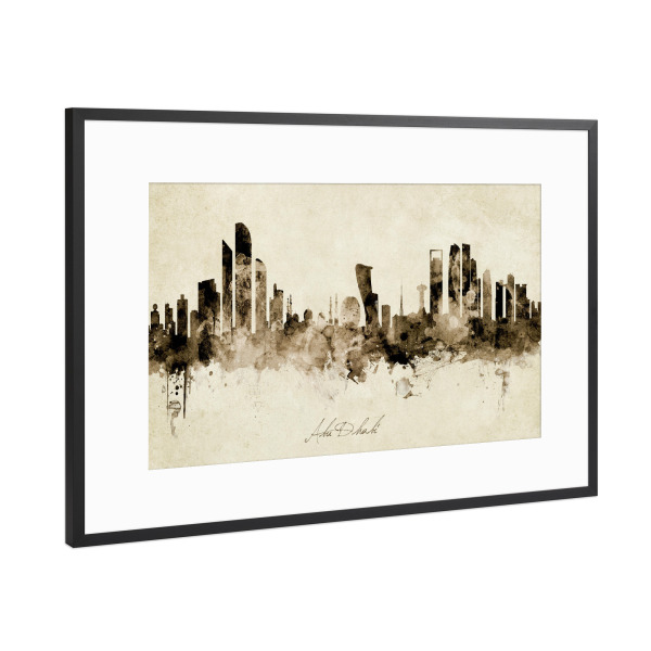 Poster mit Rahmen Schwarz (Metallic) "Abu Dhabi Skyline Sepia" artboxONE - Städte