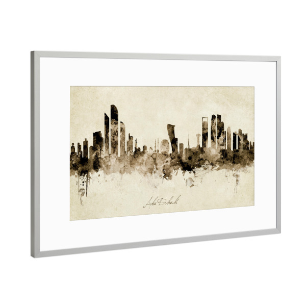 Poster mit Rahmen Silber "Abu Dhabi Skyline Sepia" artboxONE - Städte - Abu dhabi,United arab emirates,Skyline,Cityscape,Stadtbild,Watercolor,Painting
