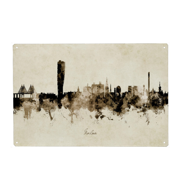 Holzbild "Malmo Sweden Skyline Sepia" artboxONE - Städte - Malmo,Sweden,Skyline,Cityscape,Stadtbild,Watercolor,Painting