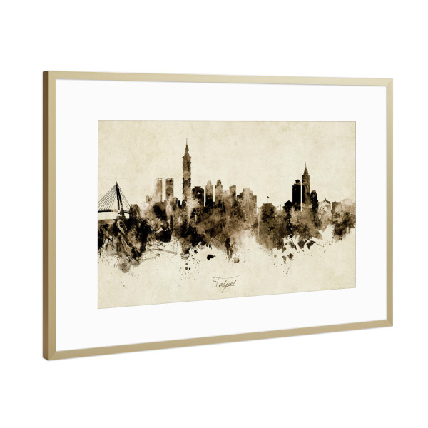 Poster mit Rahmen Gold "Taipei Taiwan Skyline Sepia" artboxONE - Städte - Taipei,Taiwan,Skyline,Cityscape,Stadtbild,Watercolor,Painting