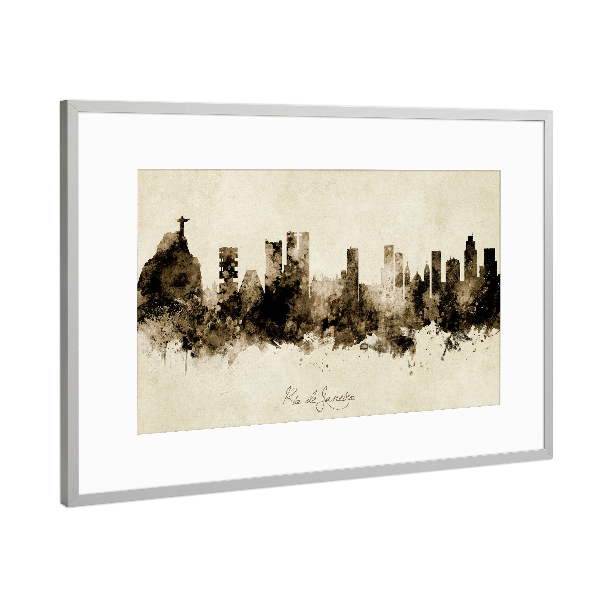 Poster mit Rahmen Silber "Rio de Janeiro Skyline Sepia" artboxONE - Städte - Rio de janeiro,Brazil,Skyline,Cityscape,Stadtbild,Watercolor,Painting