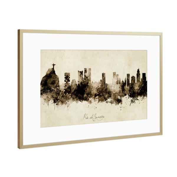 Poster mit Rahmen Gold "Rio de Janeiro Skyline Sepia" artboxONE - Städte - Rio de janeiro,Brazil,Skyline,Cityscape,Stadtbild,Watercolor,Painting