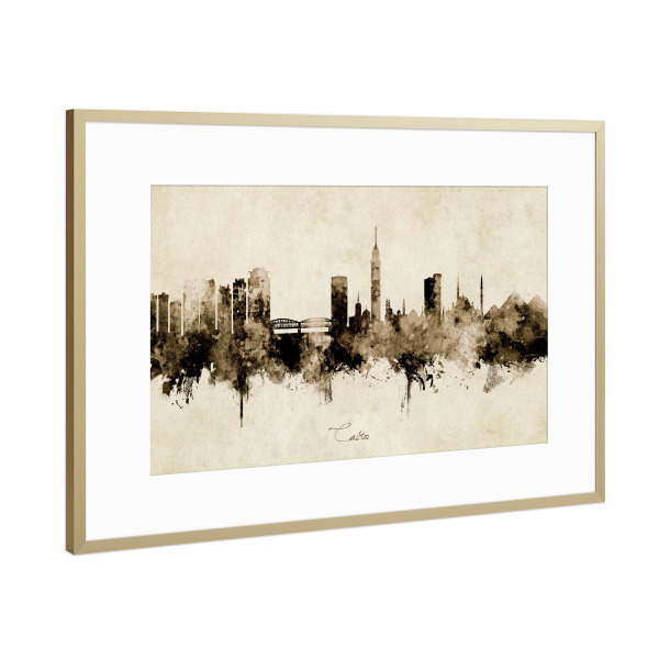 Poster mit Rahmen Gold "Cairo Egypt Skyline Sepia" artboxONE - Städte - Cairo,Egypt,Skyline,Cityscape,Stadtbild,Watercolor,Painting