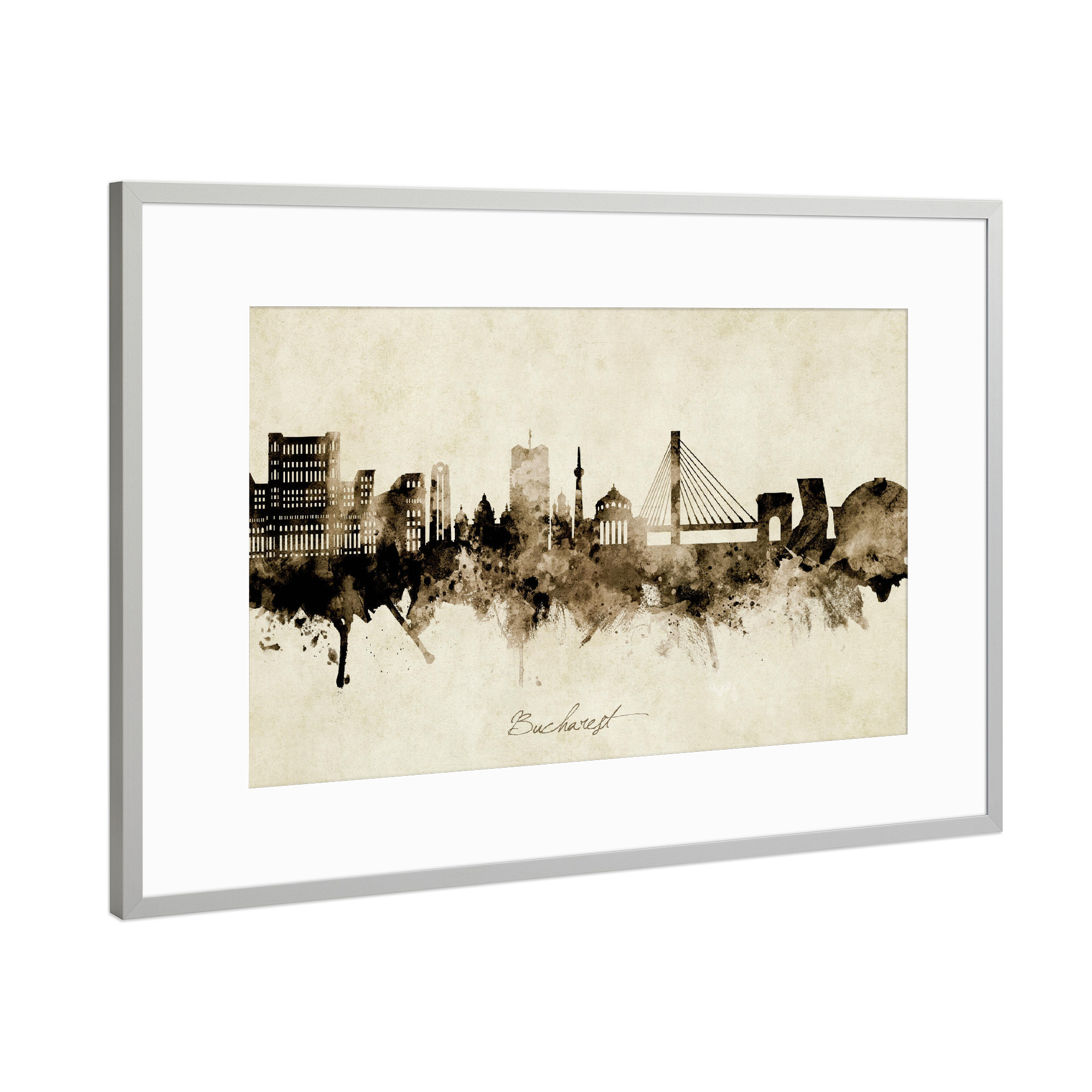 Poster mit Rahmen Silber "Bucharest Romania Skyline Sepia" artboxONE - Städte - Bucharest,Romania,Skyline,Cityscape,Stadtbild,Watercolor,Painting