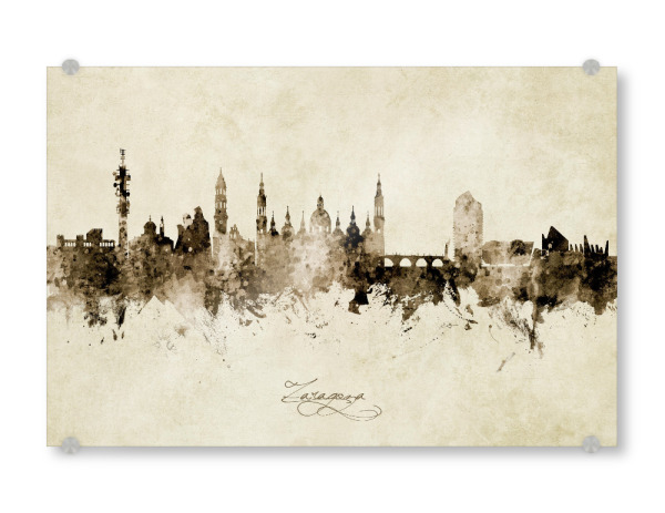 Acrylglasbild "Zaragoza Spain Skyline Sepia" artboxONE - Städte - Zaragoza,Spain,Skyline,Cityscape,Stadtbild,Watercolor,Painting