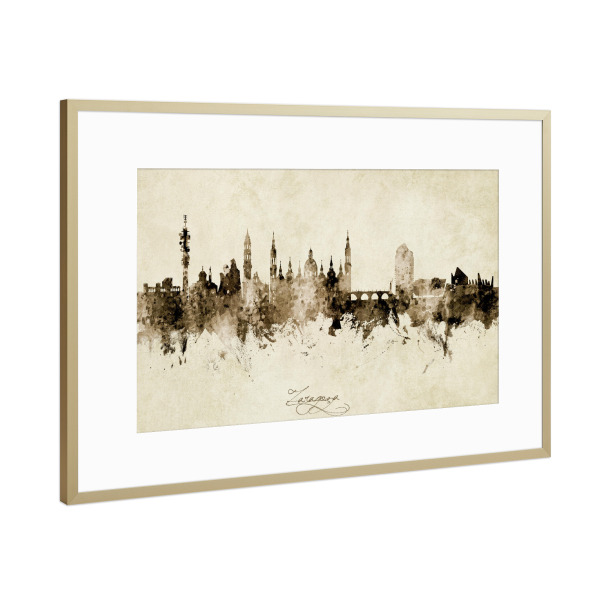 Poster mit Rahmen Gold "Zaragoza Spain Skyline Sepia" artboxONE - Städte - Zaragoza,Spain,Skyline,Cityscape,Stadtbild,Watercolor,Painting