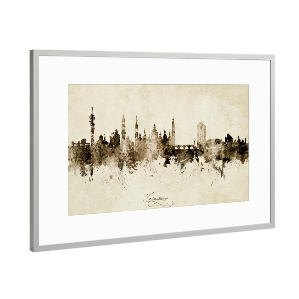 Poster mit Rahmen Silber "Zaragoza Spain Skyline Sepia" artboxONE - Städte - Zaragoza,Spain,Skyline,Cityscape,Stadtbild,Watercolor,Painting