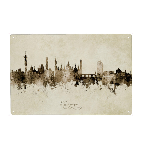 Holzbild "Zaragoza Spain Skyline Sepia" artboxONE - Städte - Zaragoza,Spain,Skyline,Cityscape,Stadtbild,Watercolor,Painting