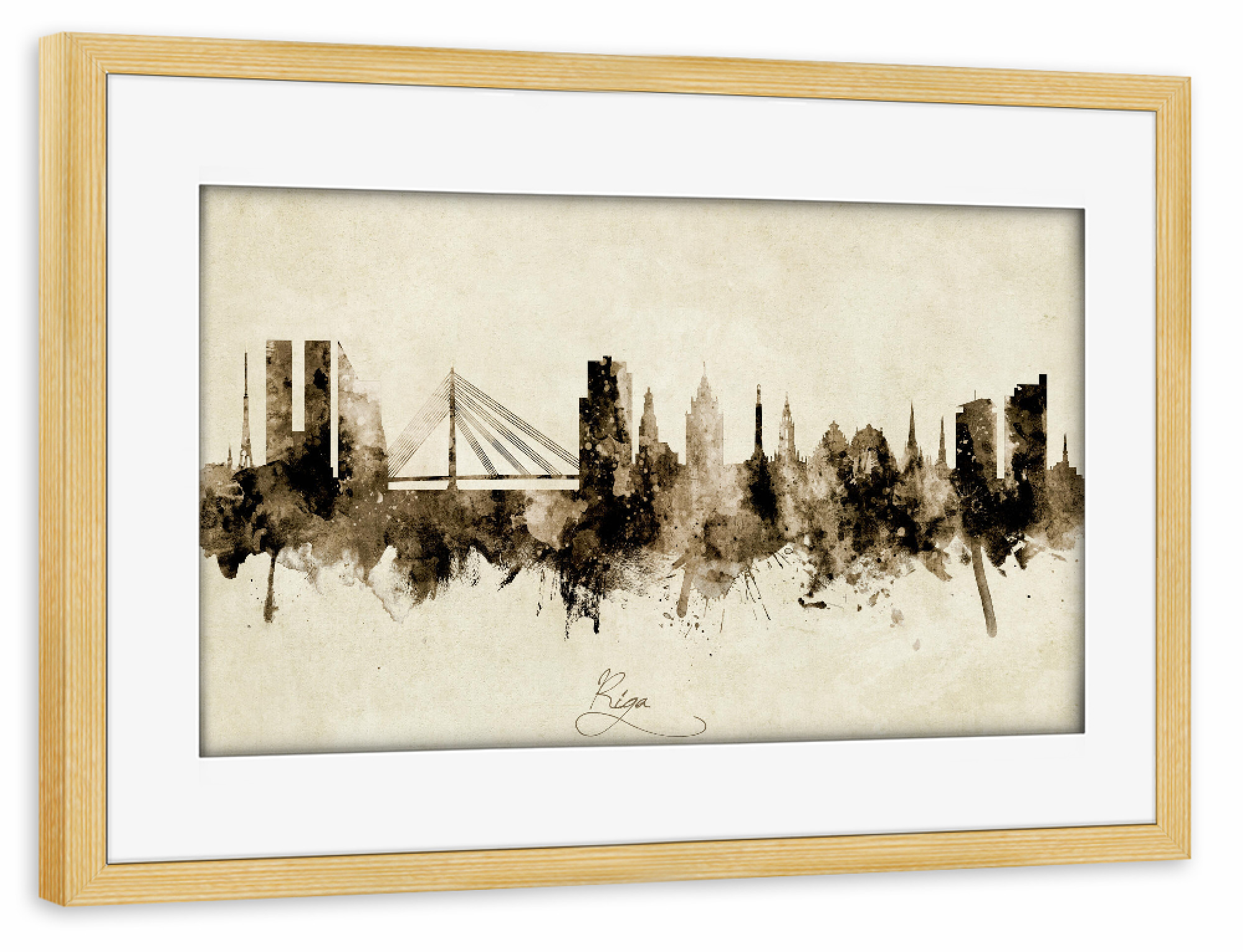Poster mit Rahmen kiefer "Riga Latvia Skyline Sepia" artboxONE - Städte - Riga,Latvia,Skyline,Cityscape,Stadtbild,Watercolor,Painting