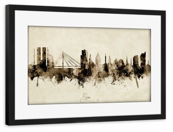 Poster mit Rahmen schwarz "Riga Latvia Skyline Sepia" artboxONE - Städte - Riga,Latvia,Skyline,Cityscape,Stadtbild,Watercolor,Painting